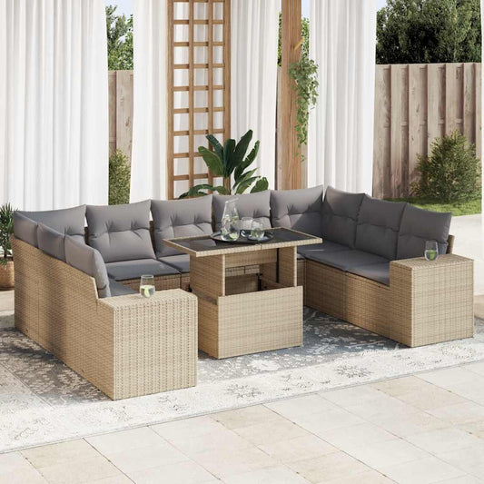 10 pcs garden sofa set with cushions PE rattan beige