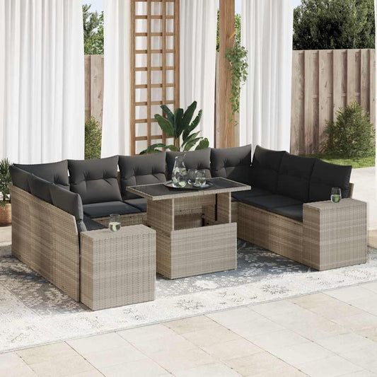 10 pcs garden sofa set with cushions light grey poly rattan