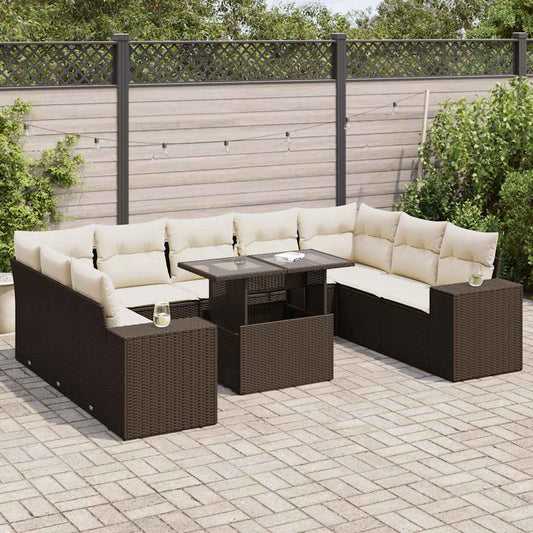 10 pcs garden sofa set with cushions poly rattan brown
