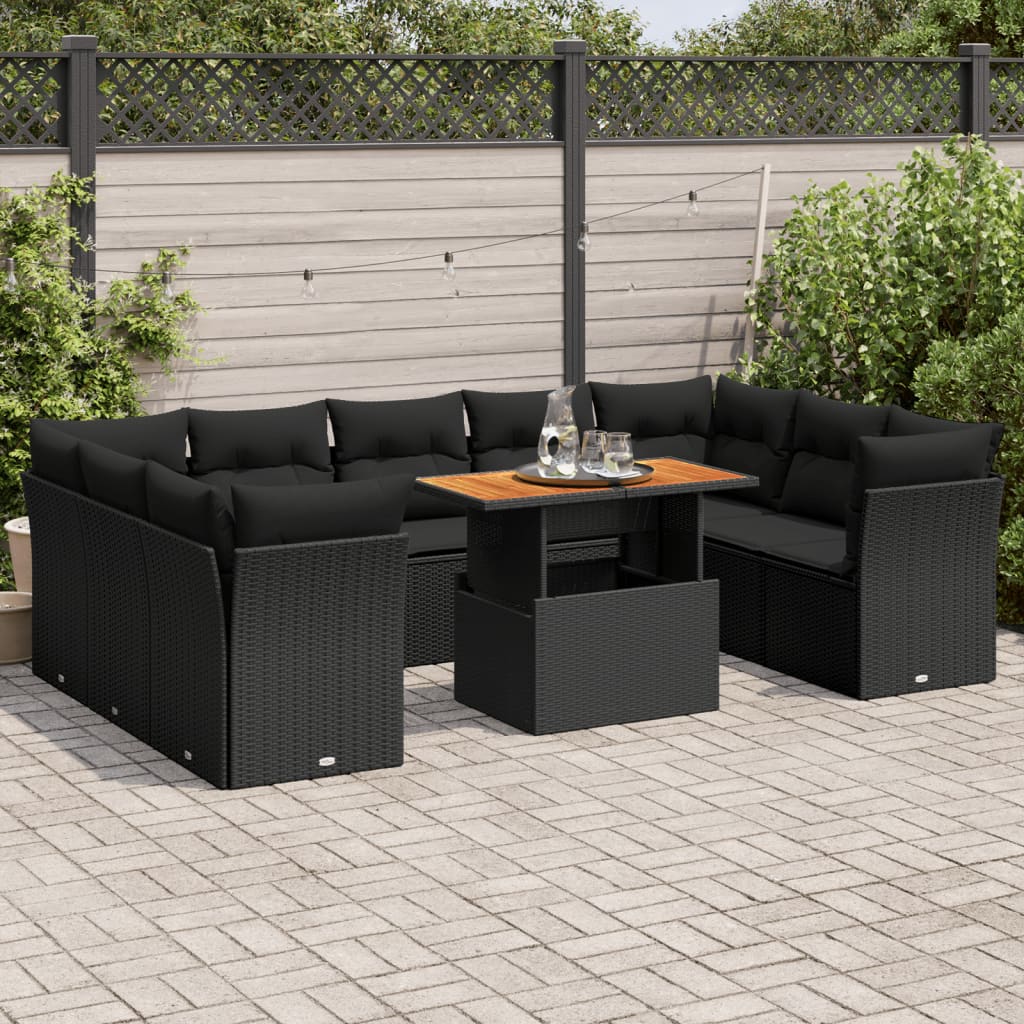 10 pcs garden sofa set with cushions poly rattan black