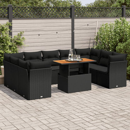 10 pcs garden sofa set with cushions poly rattan black