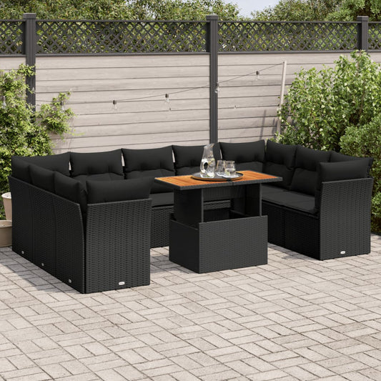 10 pcs garden sofa set with cushions poly rattan black
