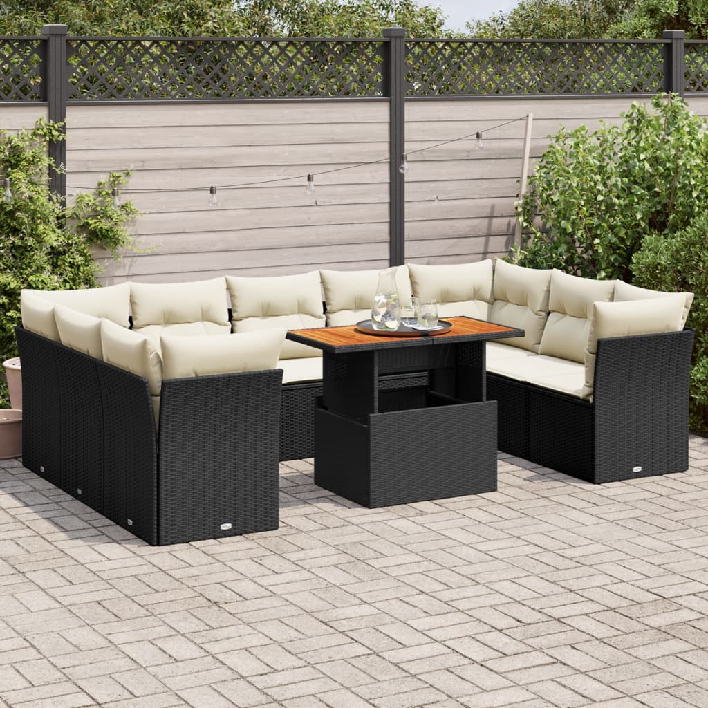 10 pcs garden sofa set with cushions poly rattan black