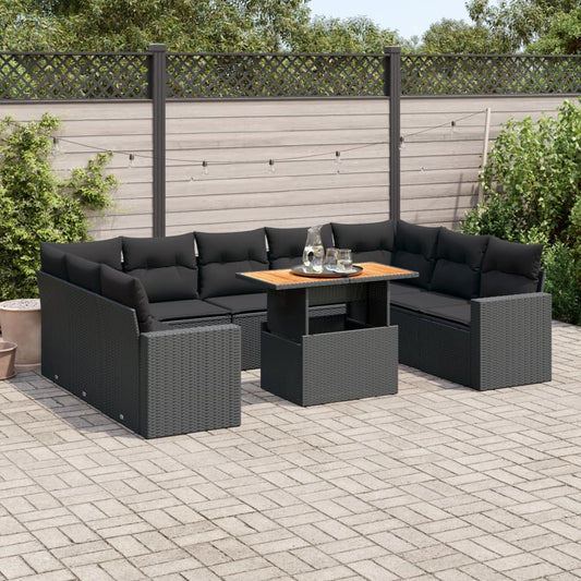 10 pcs garden sofa set with cushions poly rattan black