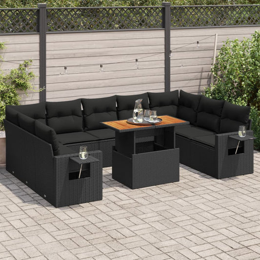 10 pcs garden sofa set with cushions poly rattan black