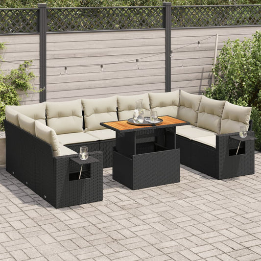 10 pcs garden sofa set with cushions poly rattan black