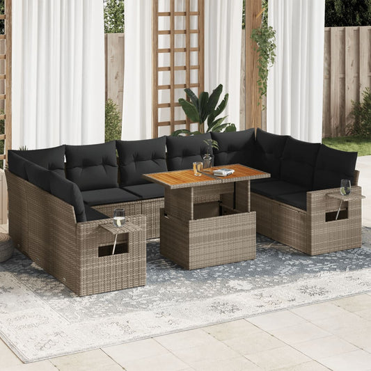 10 pcs garden sofa set with cushions poly rattan grey