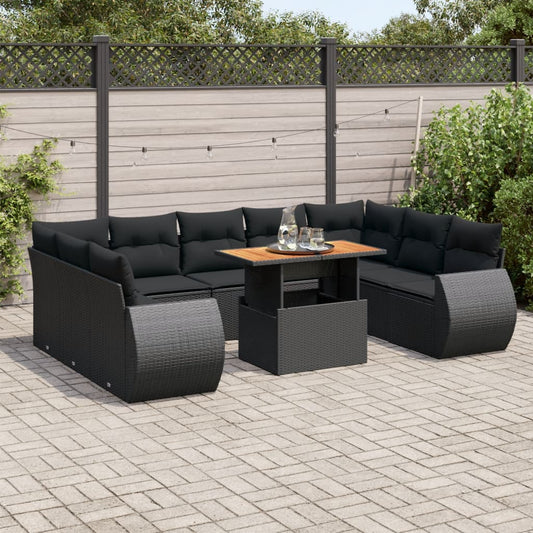 10 pcs garden sofa set with cushions poly rattan black