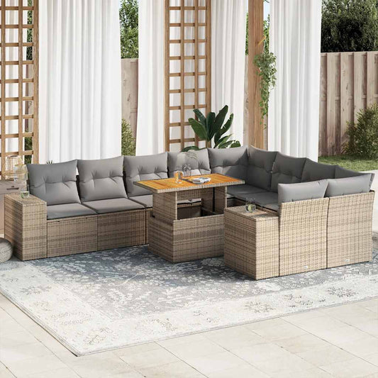 10 pcs garden sofa set with PE wicker/acacia beige cushions