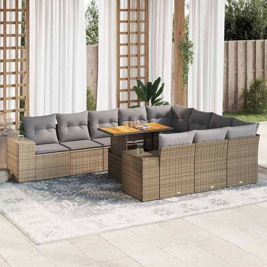 10 pcs garden sofa set with PE wicker/acacia beige cushions