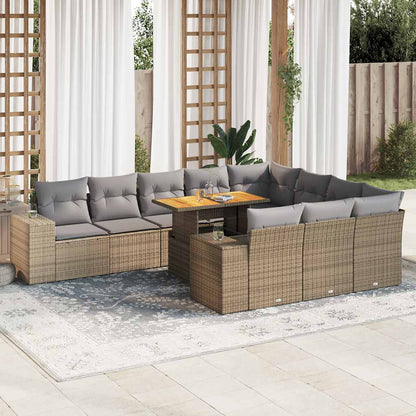 10 pcs garden sofa set with PE wicker/acacia beige cushions