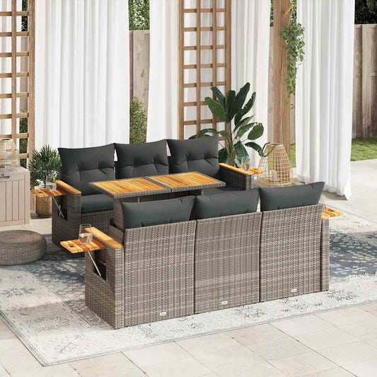 7 pcs conjunto sofás jardim almofadões vime PE/acácia cinzento