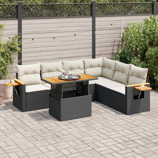 7 pcs conjunto sofás jardim c/ almofadões vime PE/acácia preto