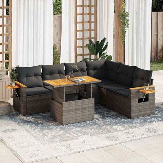 7 pcs conjunto sofás jardim almofadões vime PE/acácia cinzento