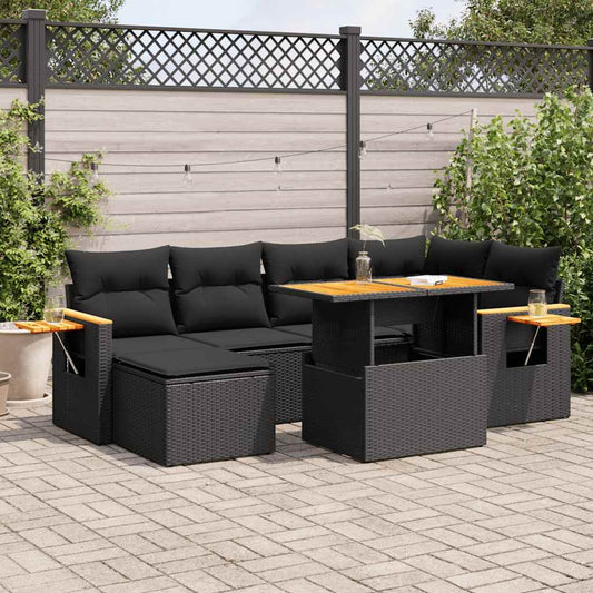 7 pcs conjunto sofás jardim c/ almofadões vime PE/acácia preto