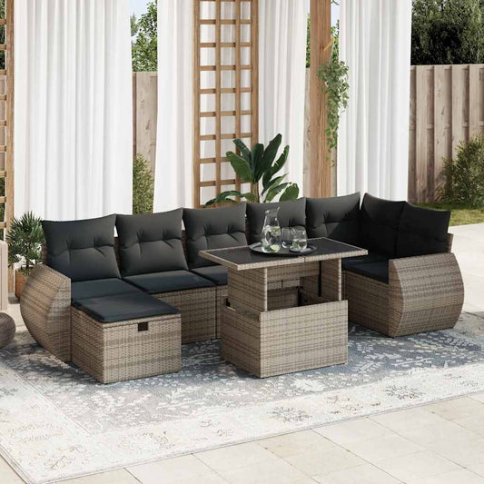 8 pcs garden sofa set with cushions poly rattan grey