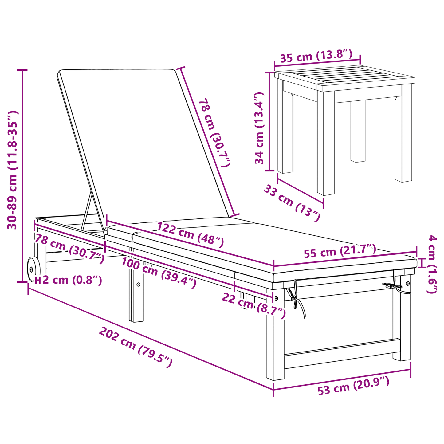 Espreguiçadeira com Mesa de Madeira Sólida de Acácia