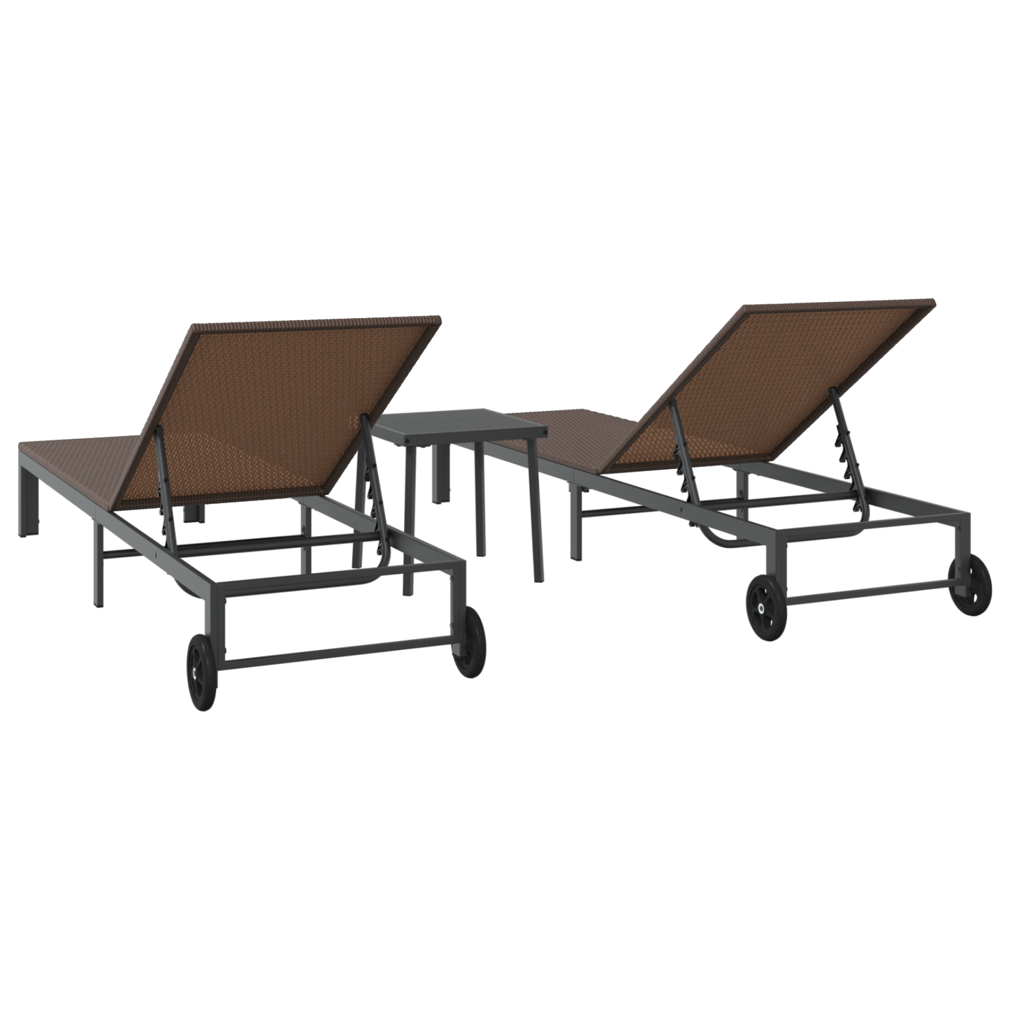 Conjuntos de espreguiçadeiras 2 pcs com rodas e mesa em rattan sintético castanho