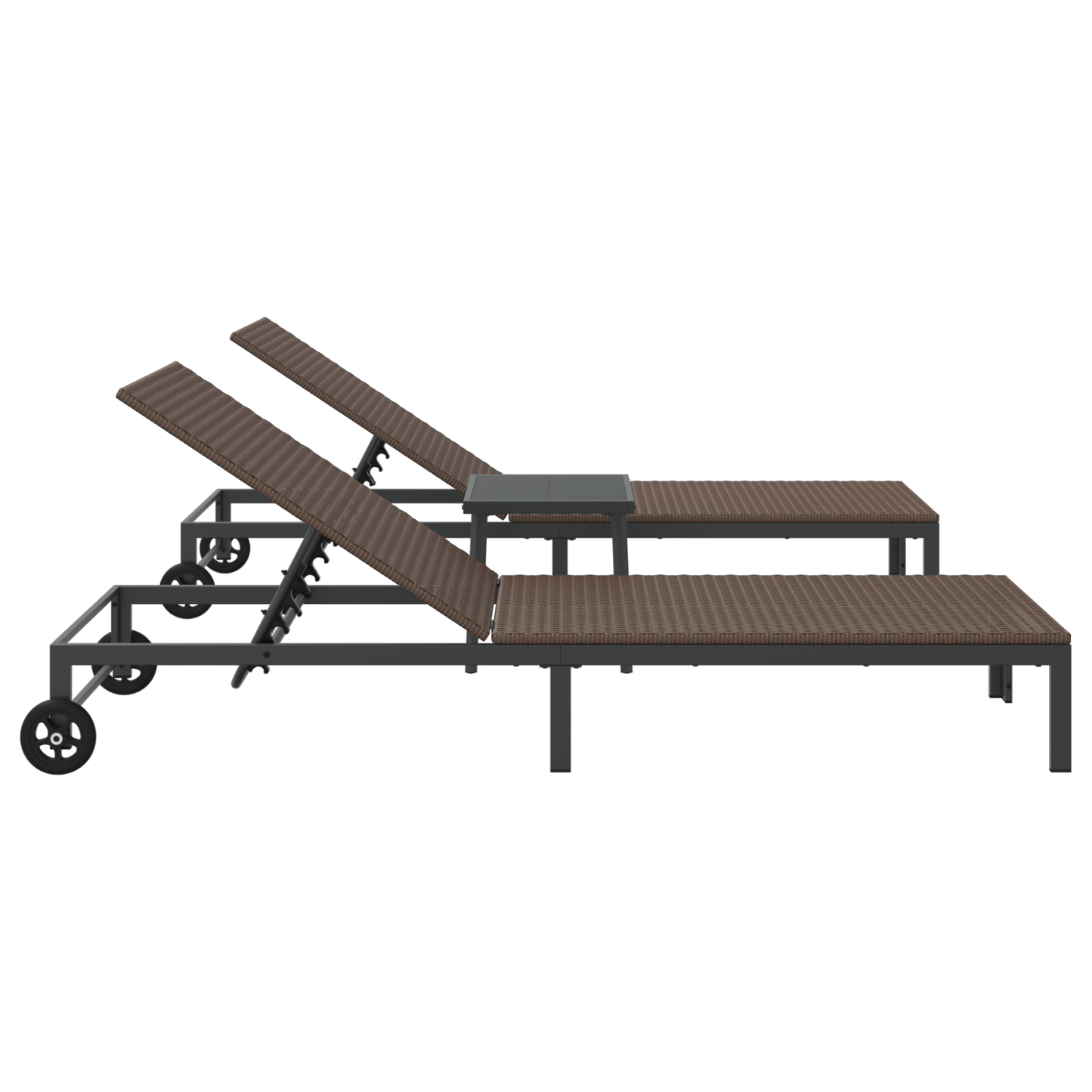 Conjuntos de espreguiçadeiras 2 pcs com rodas e mesa em rattan sintético castanho