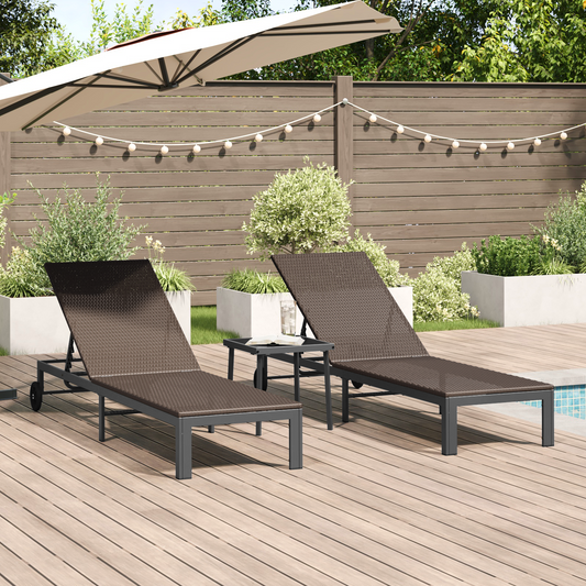 Conjuntos de espreguiçadeiras 2 pcs com rodas e mesa em rattan sintético castanho