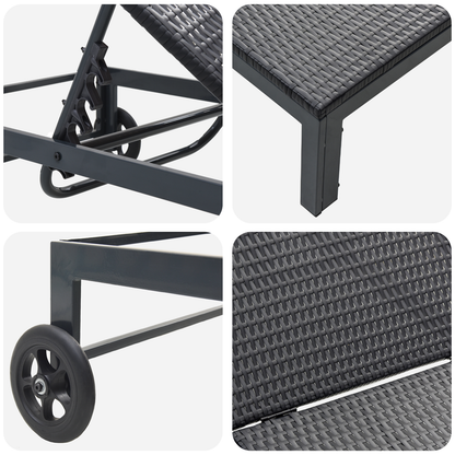 Espreguiçadeiras 2 pcs com Rodas e Mesa em Rattan Preto