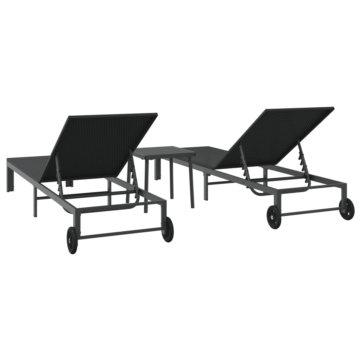 Espreguiçadeiras 2 pcs com Rodas e Mesa em Rattan Preto
