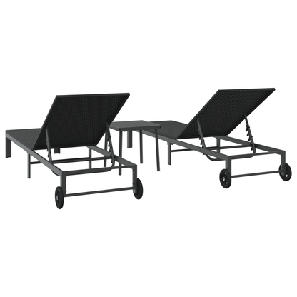 Espreguiçadeiras 2 pcs com Rodas e Mesa em Rattan Preto