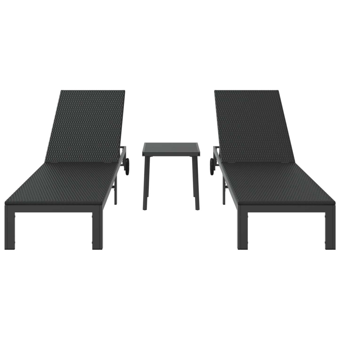 Espreguiçadeiras 2 pcs com Rodas e Mesa em Rattan Preto