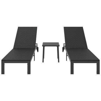 Espreguiçadeiras 2 pcs com Rodas e Mesa em Rattan Preto