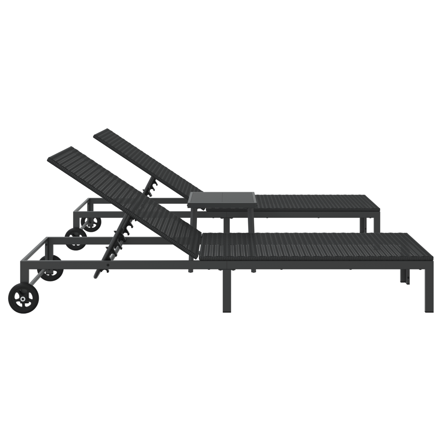 Espreguiçadeiras 2 pcs com Rodas e Mesa em Rattan Preto
